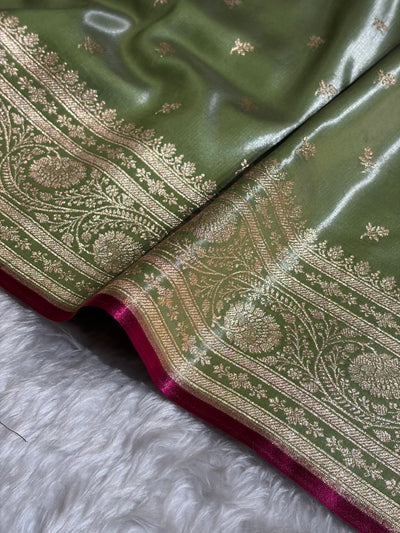 Banarasi Pista Shades Cross Pattern Banarasi Satin Silk Saree SS52