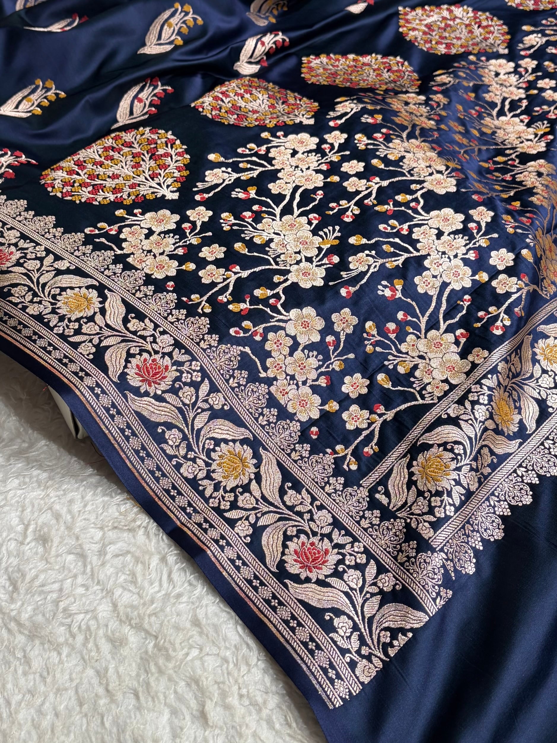 German Blue Shades Banarasi Boota Pattern Minakari Floral Mashru Silk Saree MSM-121