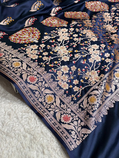 German Blue Shades Banarasi Boota Pattern Minakari Floral Mashru Silk Saree MSM-121