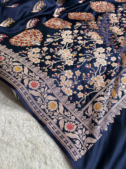 German Blue Shades Banarasi Boota Pattern Minakari Floral Mashru Silk Saree MSM-121