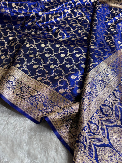 Royal Blue Shades Jaal Pattern Banarasi Satin Silk Saree SS43
