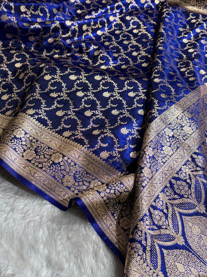 Royal Blue Shades Jaal Pattern Banarasi Satin Silk Saree SS43