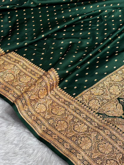 Banarasi Satin Katan Saree With Boota in Bottle Green Shades SK106