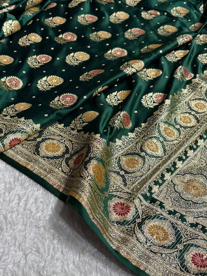Bottle Green Shades Minakari Booti Satin Katan Silk saree
