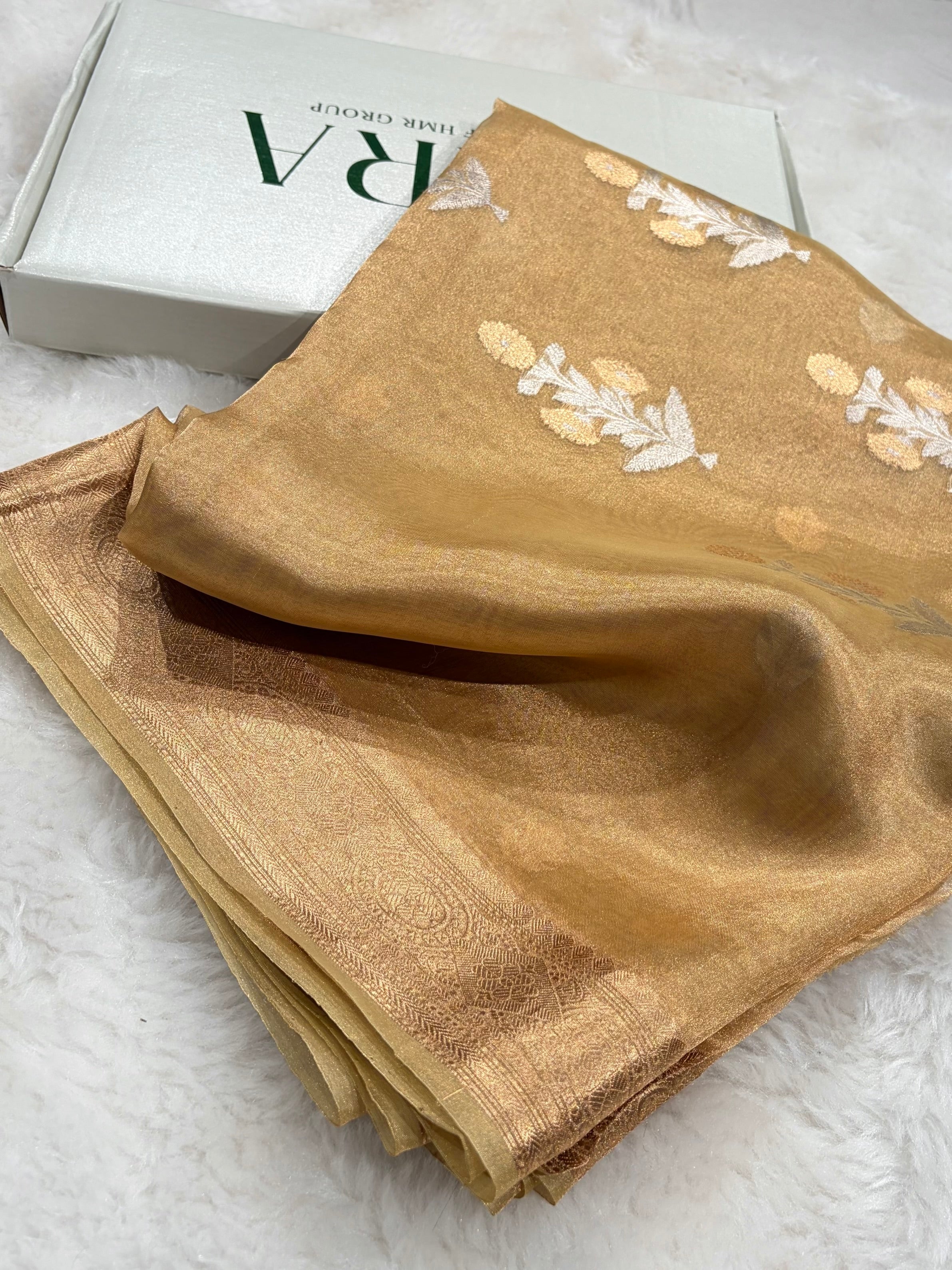 Tusser Gold Bananasi Floral Shades Pure Tissue Silk Saree PT-37