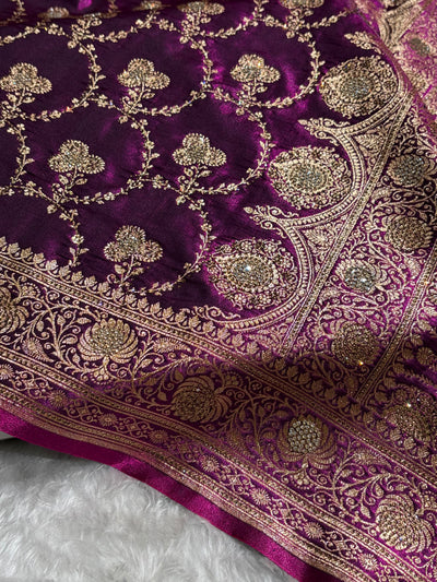 Satin Silk Saree Banarasi Swarovski Work Jaal in Wine Shades BSS23 (R)