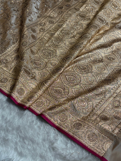 Beige Shades Cross With Swarovski Work Satin Katan Silk Saree BSK17