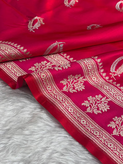 Orangish Rani Shades Banarasi Boota Pattern Floral Mashru Silk Saree MSM-112