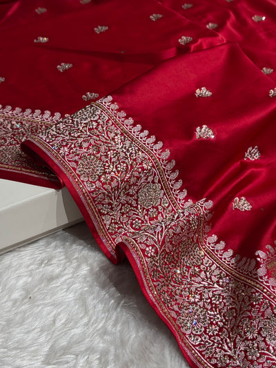 Maroon With Swarovski Work Booti Mashru Silk Saree BMCS40