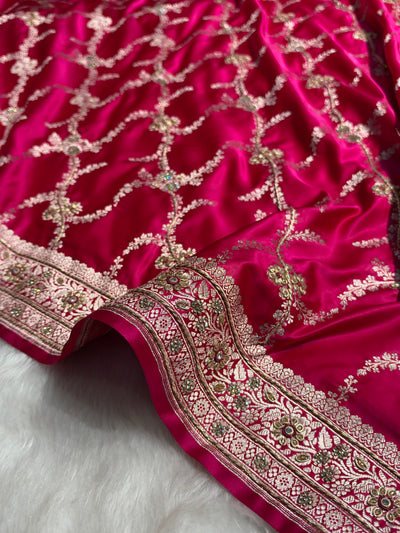 Bridal Rani Shades Banarasi Jaal With Zardozi Work Mashru Silk Saree BMSM-127