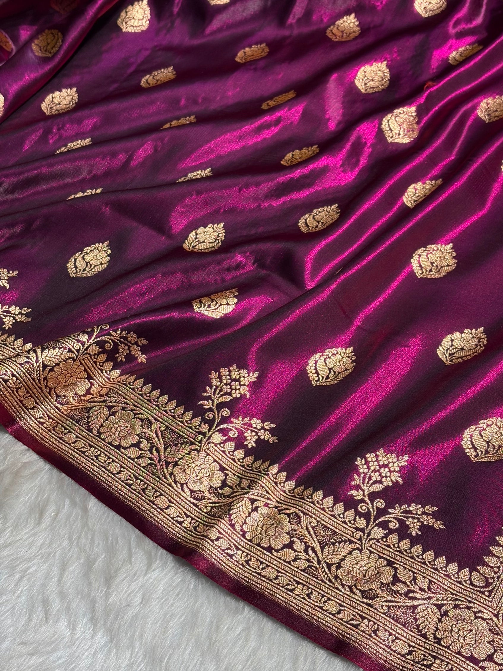 Satin Silk Saree Booti Motif in Wine Shades SS20