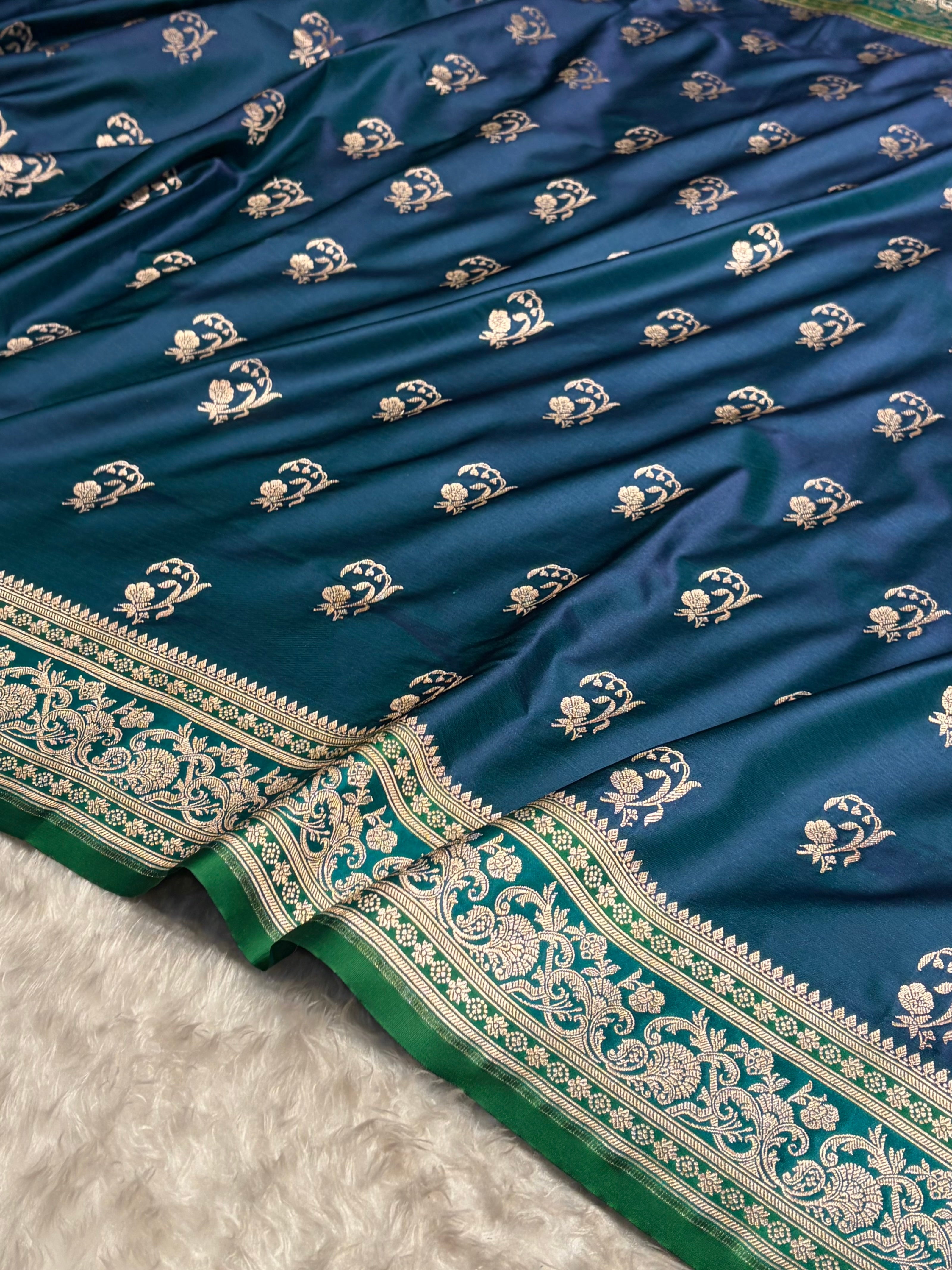 Banarasi Contrast Peacock With Rama Floral Border Mashru Silk Saree MSM-100