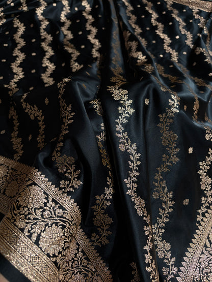 Banarasi Satin Katan Saree With Boota in Black Shades SK108
