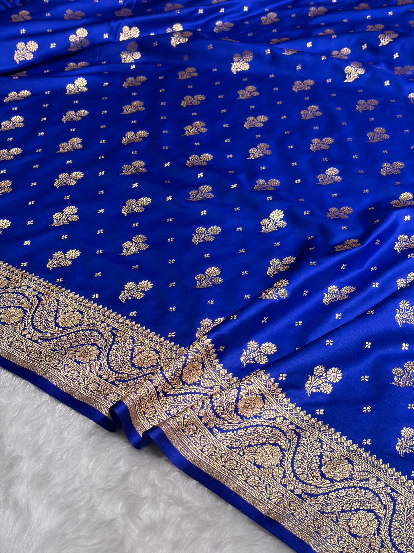 Royal Blue Floral Unique Boota Pattern Satin Katan Silk Saree SK73