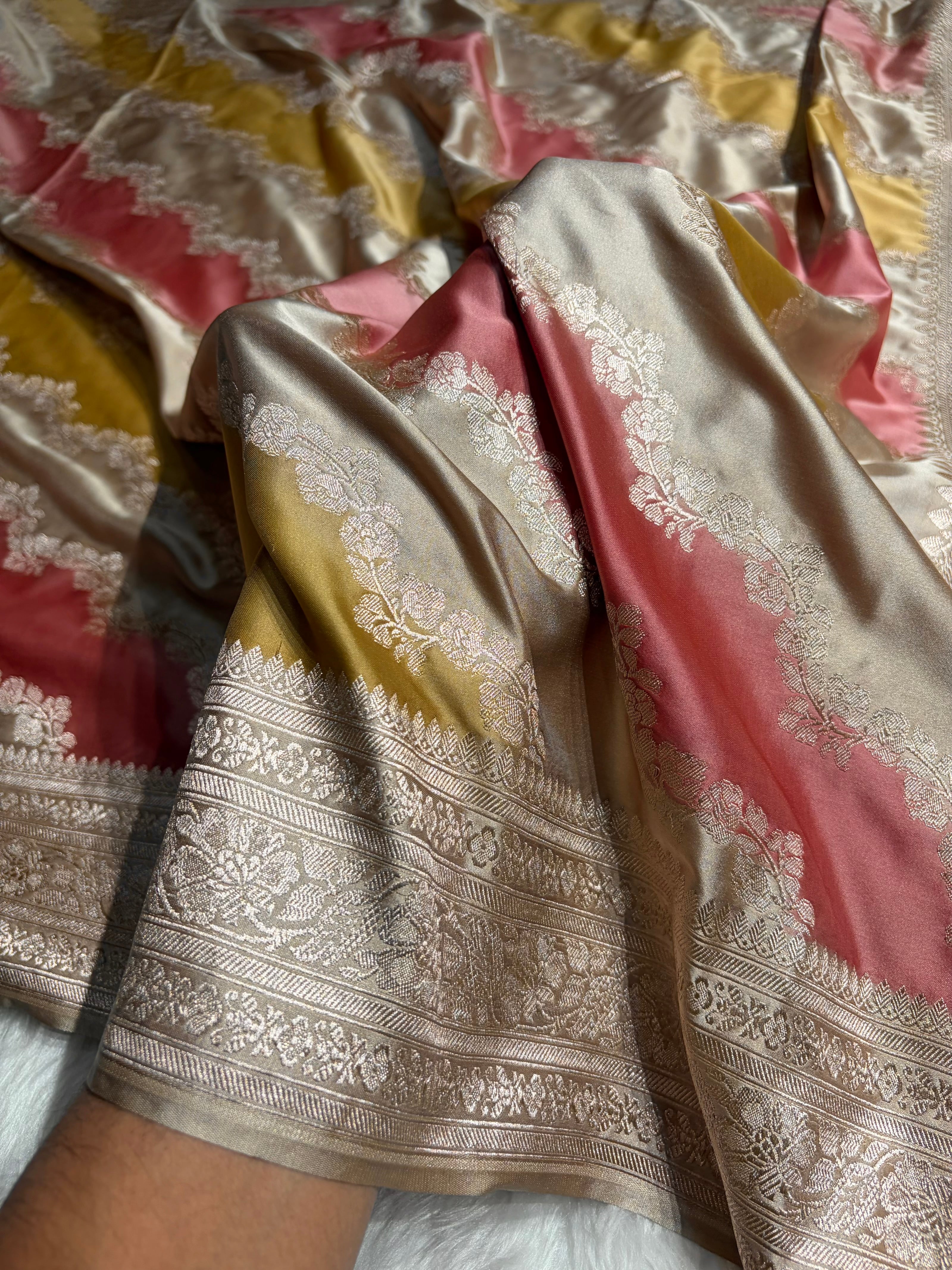 Light Beige Cross Rangkat Mashru Silk Saree With Cross Pattern MS02