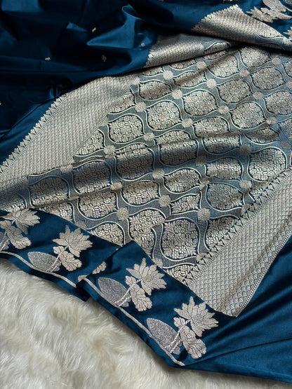 German Blue Floral Border Booti Mashru Silk Saree MS11