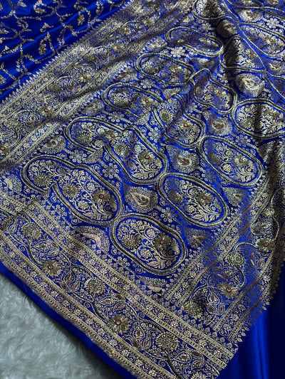 Royal Blue Shades Floral With Zardozi Work In Jaal Pattern Satin Katan Silk saree BSK55