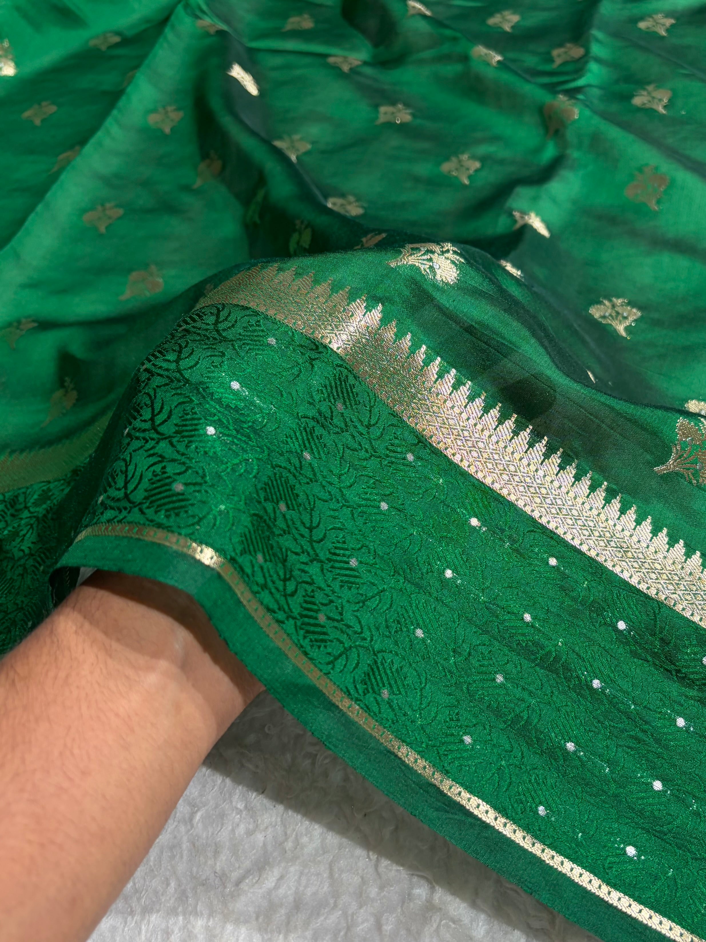 Bottle Green Shade Flower Boota Pure Caramel Mango Silk Saree CS-15