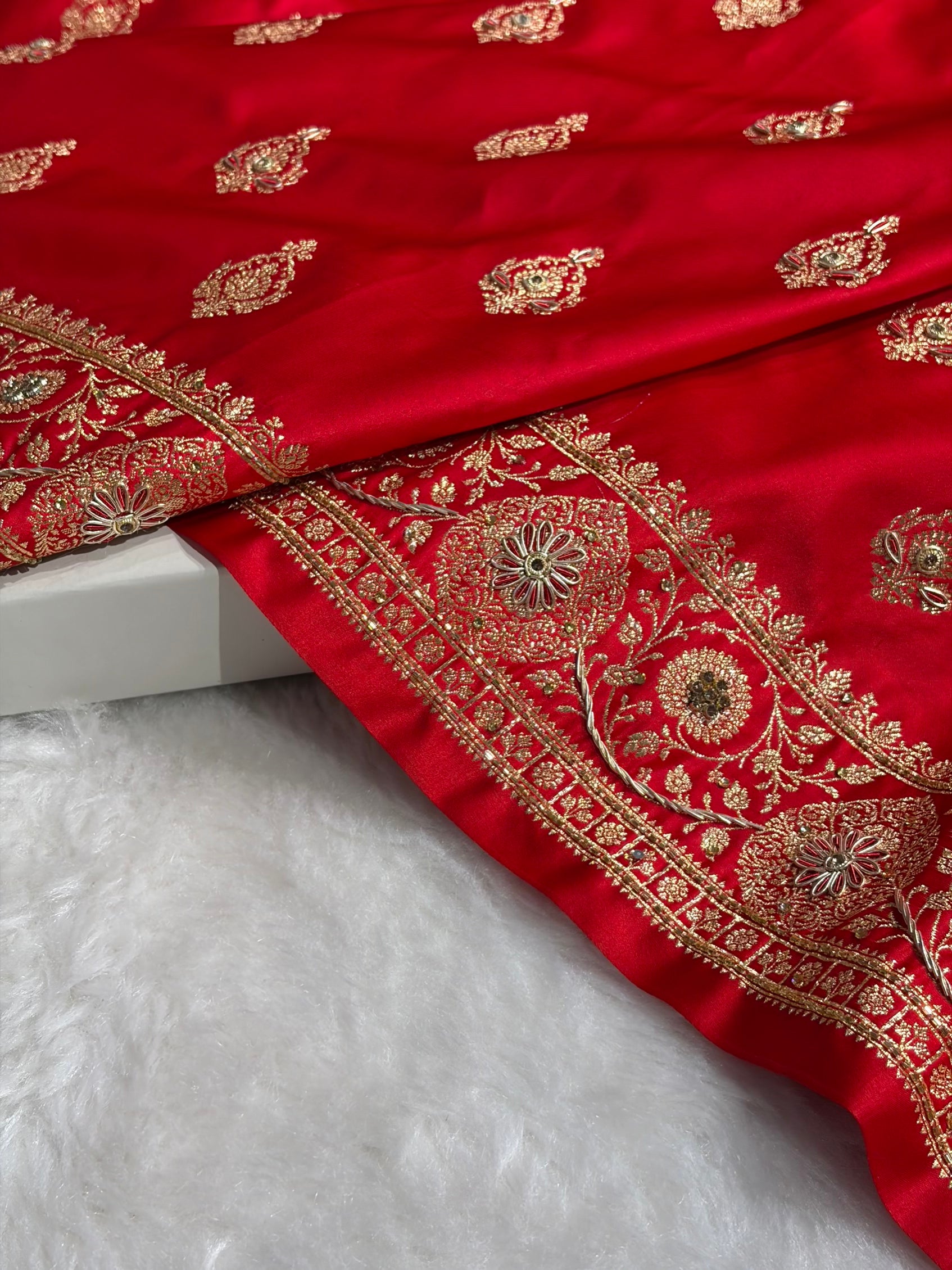 Banarasi Satin Katan Saree With Aari Zardozi Work Boota in Red Shades BSK98