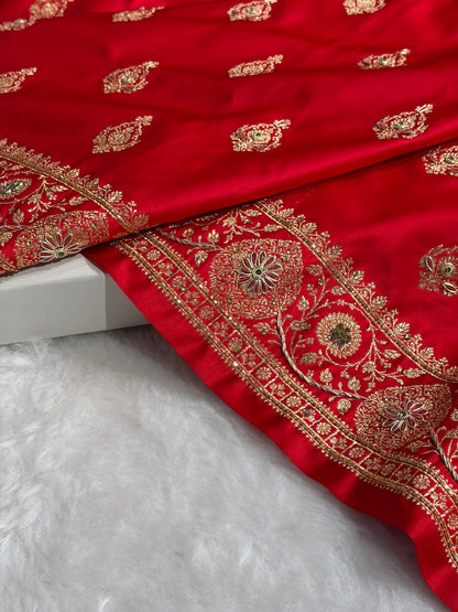 Banarasi Satin Katan Saree With Aari Zardozi Work Boota in Red Shades BSK98