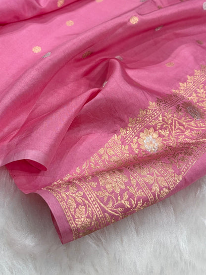 Banarasi Baby Pink Shades Boota Handwoven Pure Katan Paper Silk RM-76