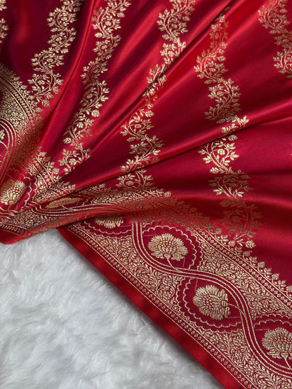 Magentic Red Floral Cross Pattern Satin Katan Silk Saree SK74