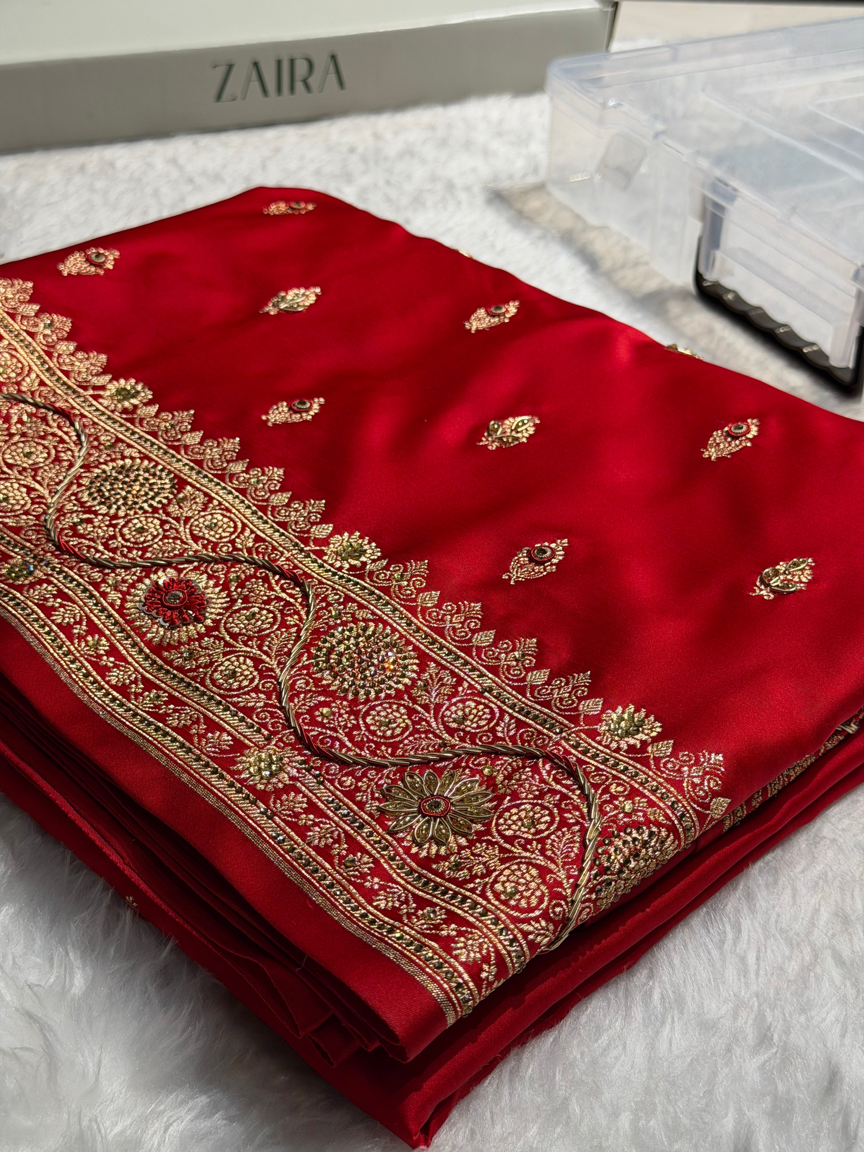 Banarasi Bridal Red Work Pattern Satin Katan Silk Saree BSK82