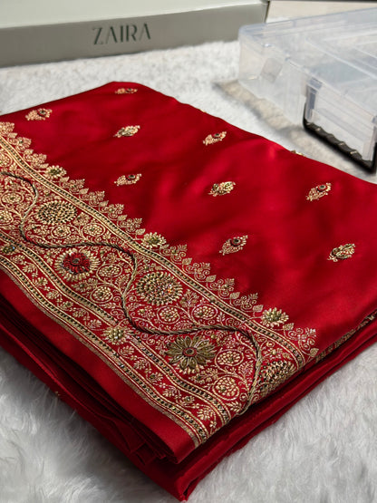 Banarasi Bridal Red Work Pattern Satin Katan Silk Saree BSK82