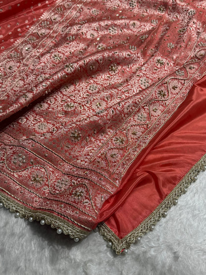 Pastel Orange Crepe Silk Katan With Zardozi and Gotta Patti Work Banarasi Saree BCSK-02