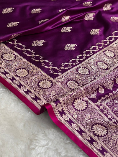 Magentic Wine Shades Banarasi Boota Pattern Floral Mashru Silk Saree MSM-114