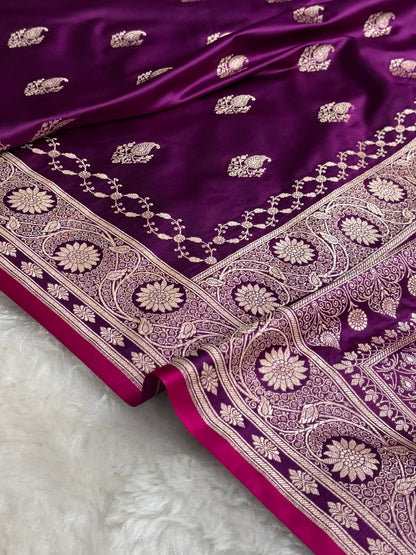 Magentic Wine Shades Banarasi Boota Pattern Floral Mashru Silk Saree MSM-114