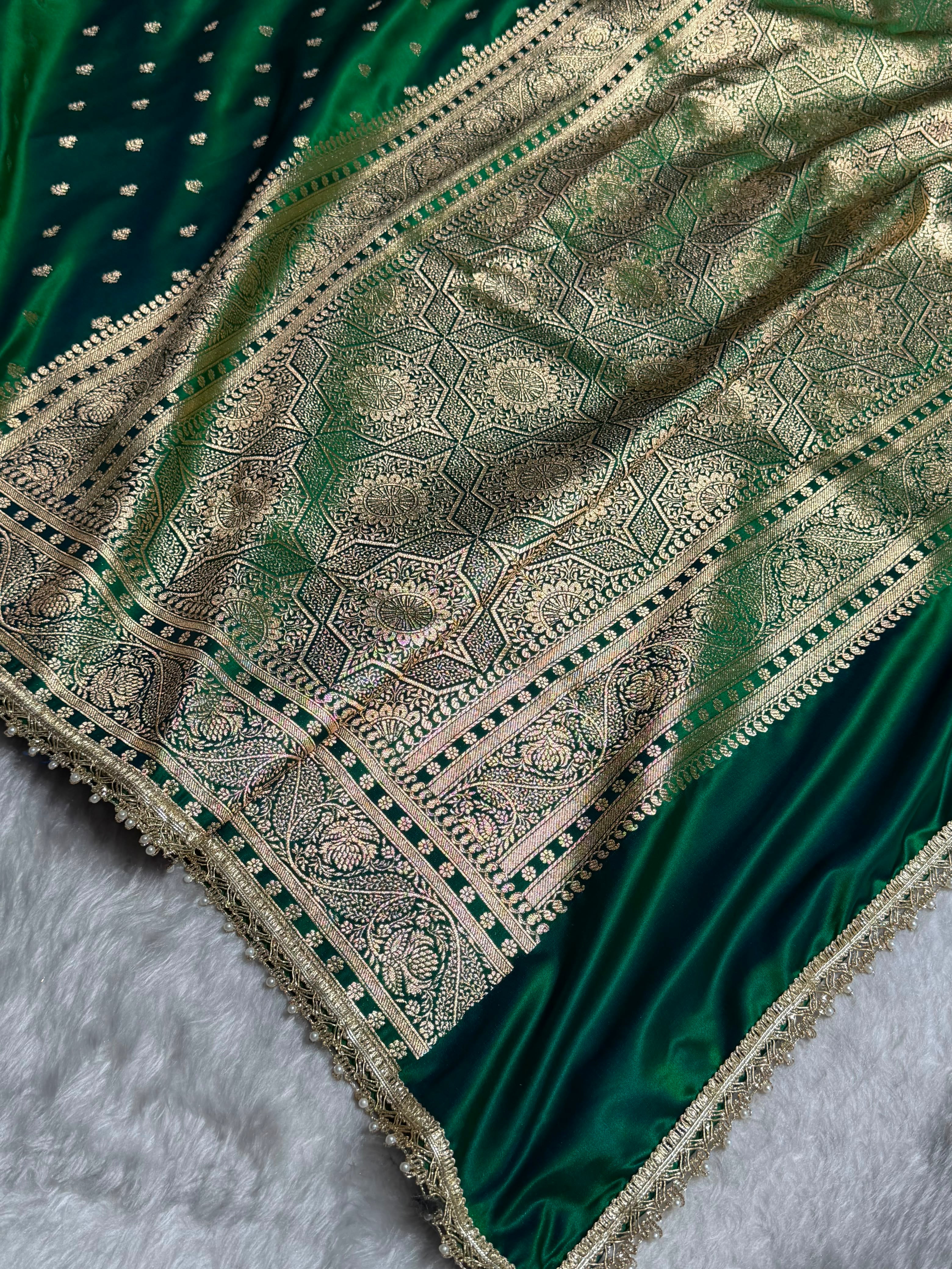 Cross Green Floral Pattern With Gotta Patti Satin Katan Silk Saree SKGP78
