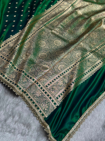 Cross Green Floral Pattern With Gotta Patti Satin Katan Silk Saree SKGP78