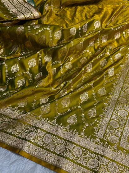 Mehandi Green Floral Jaal Pattern Satin Katan Silk saree SK42