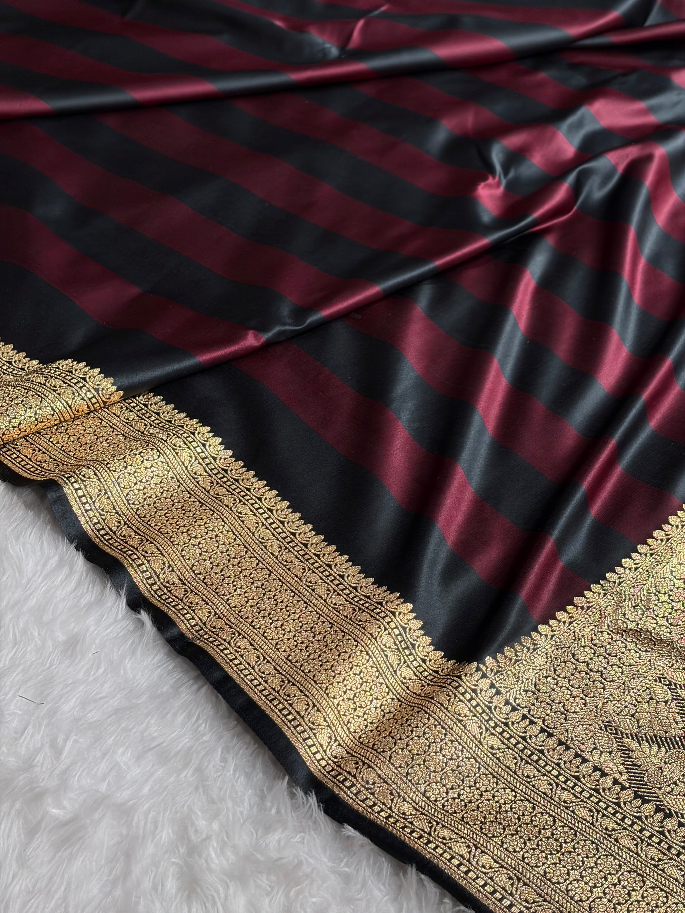 Dark Garnet With Black Horizontal Strips Floral Border & Brocade Blouse Mashru Silk Saree MSM-84