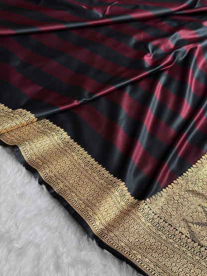 Dark Garnet With Black Horizontal Strips Floral Border & Brocade Blouse Mashru Silk Saree MSM-84
