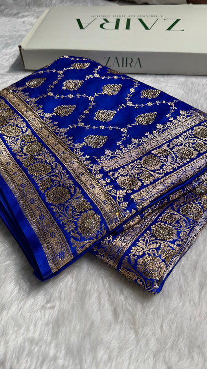 Royal Blue Floral Jaal Pattern Satin Katan Silk saree BSK42