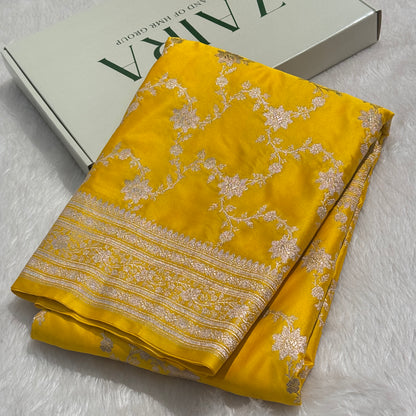 Banarasi Pattern Yellow Mashru Silk Saree