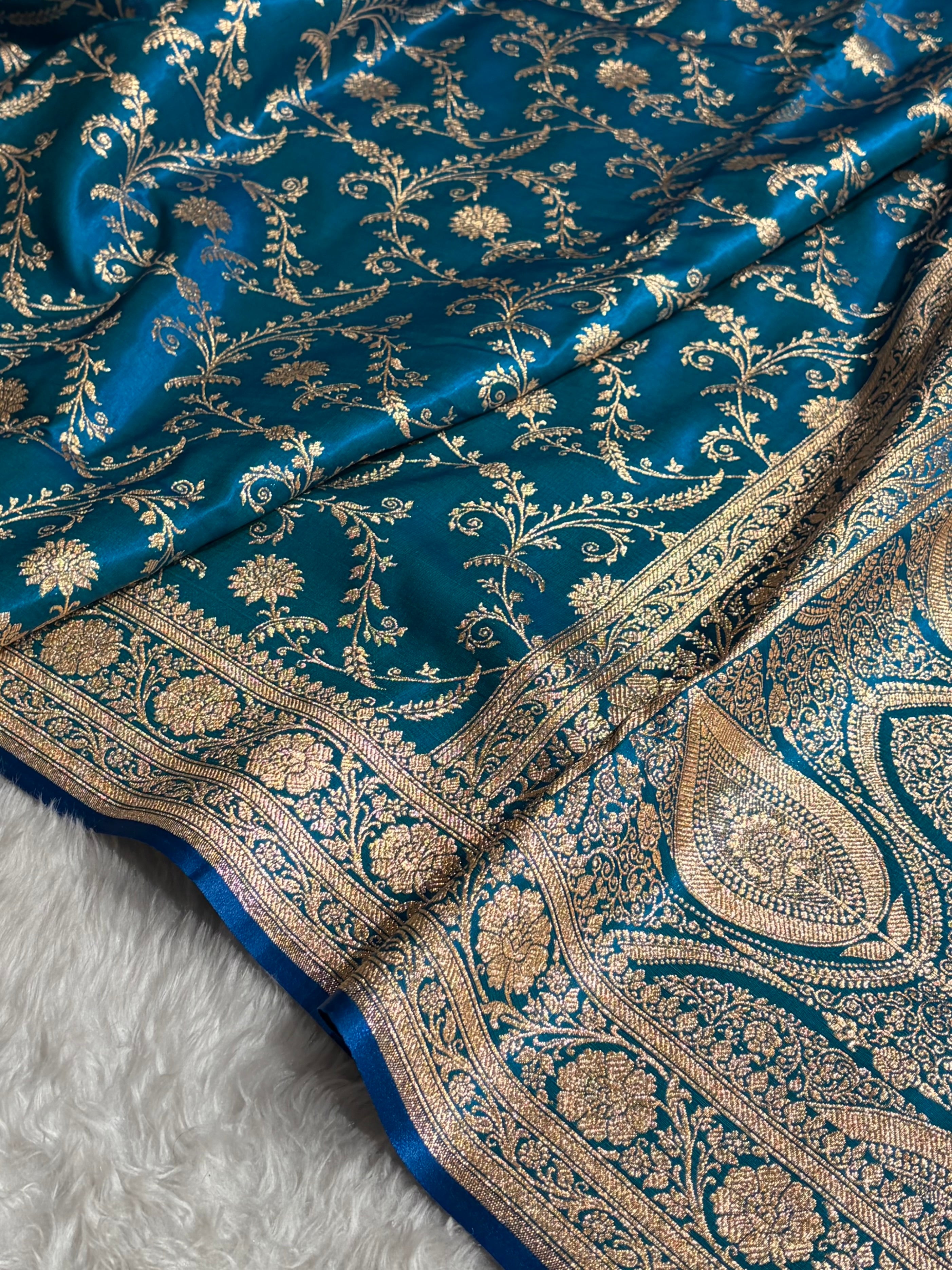 Satin Silk Unique Jaal Pattern In Peacock Shades