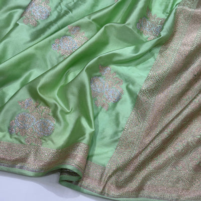 Light Pista Sona Rupa Floral Motif Mashru Silk Saree