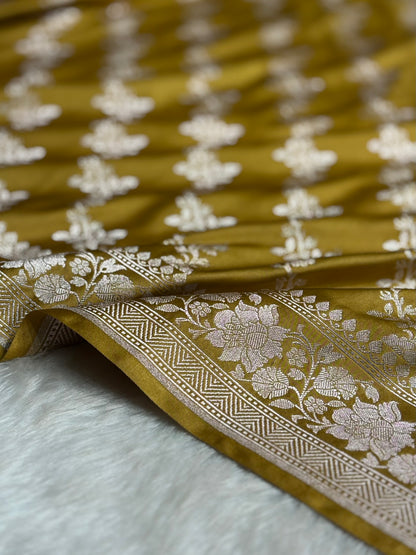 Dusty Mustard Shades Banarasi Cross Jaal Mashru Silk Saree MS18