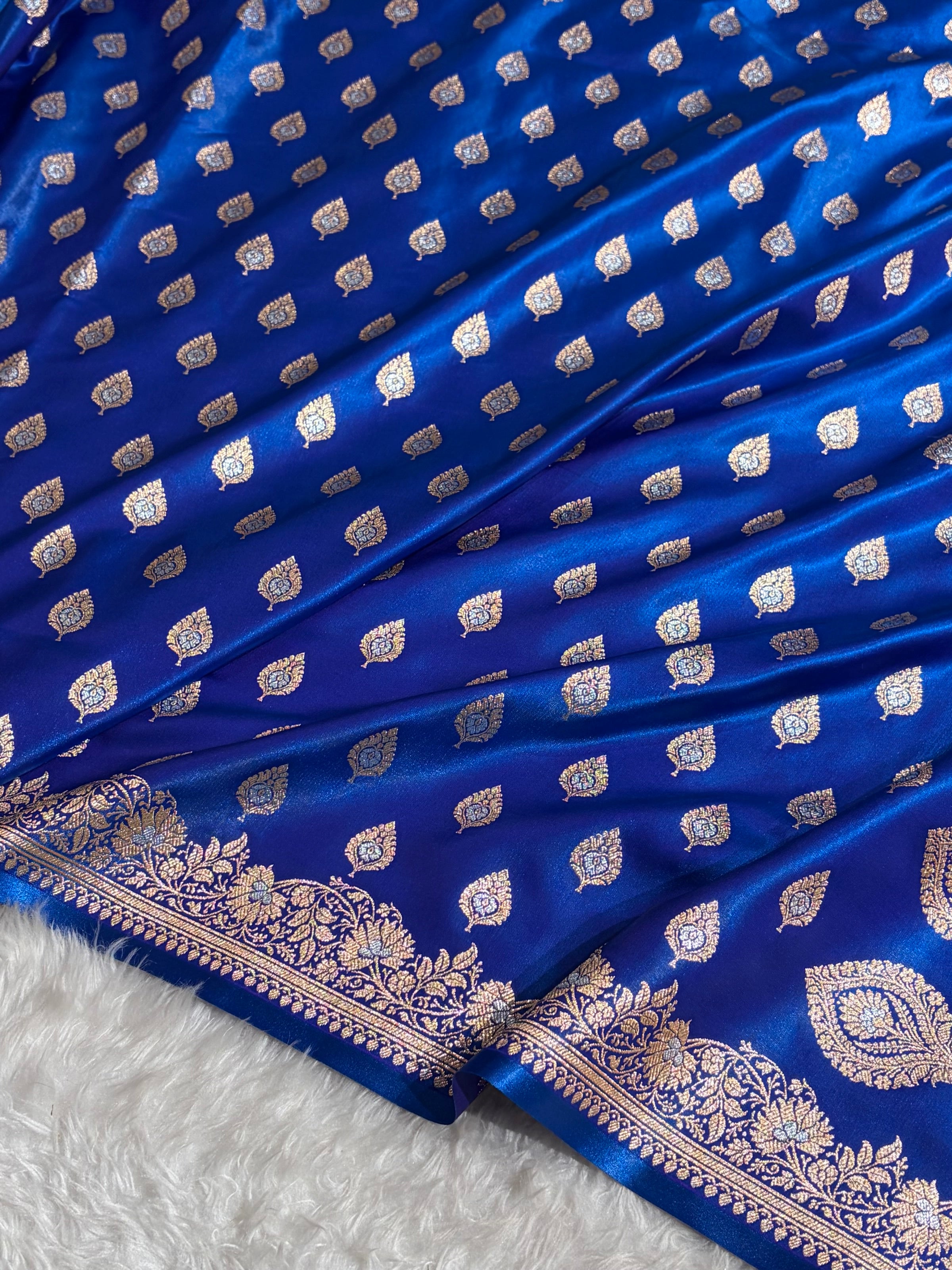 Banarasi Cross Royal Blue Shades Minakari Booti Pattern Banarasi Satin Silk Saree SS60