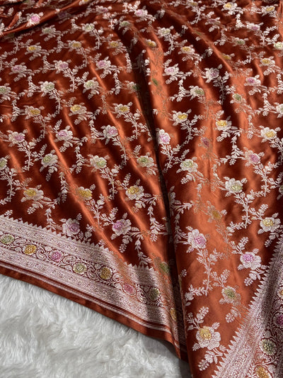 Rust Brown Shades Banarasi Minakari Floral Jaal Mashru Silk Saree MCS28