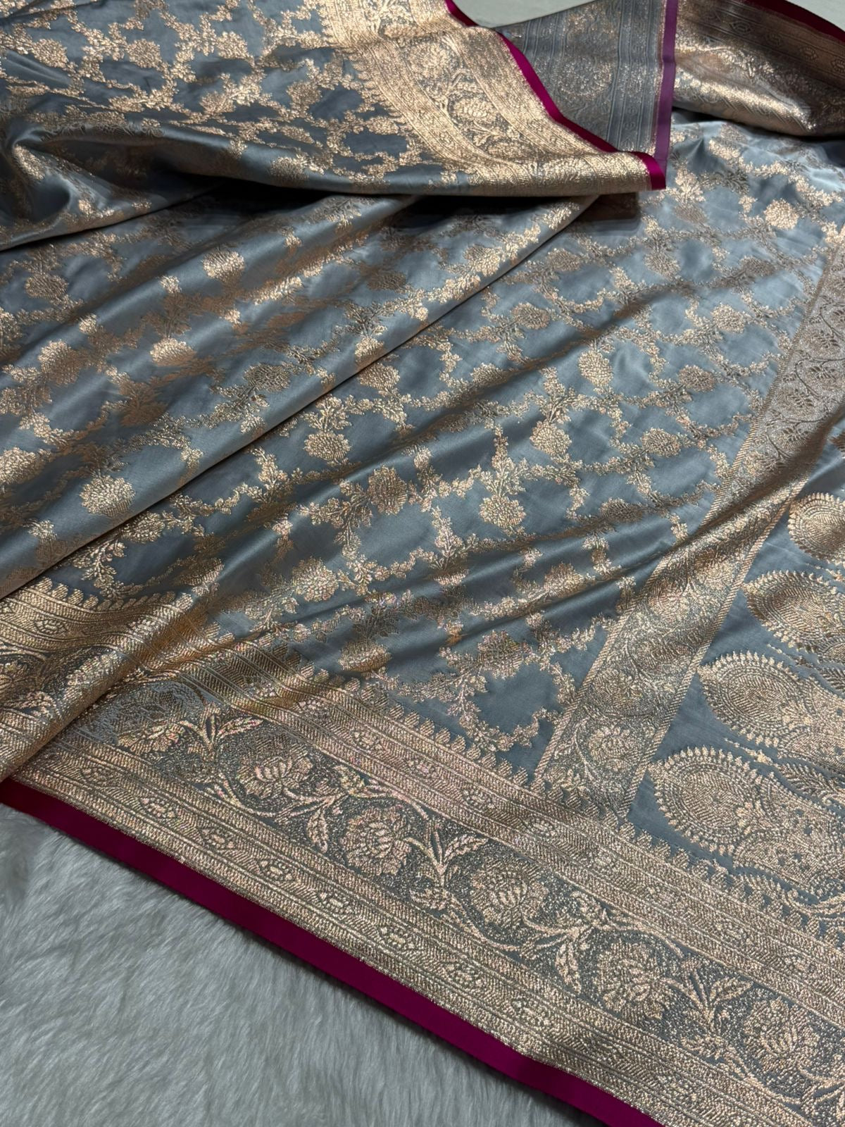 Grey Jaal Pattern Satin Katan Silk Saree SK25