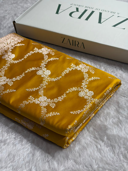 Rich Mustard Yellow Shades Banarasi With Floral Border Mashru Silk Saree MSM-127