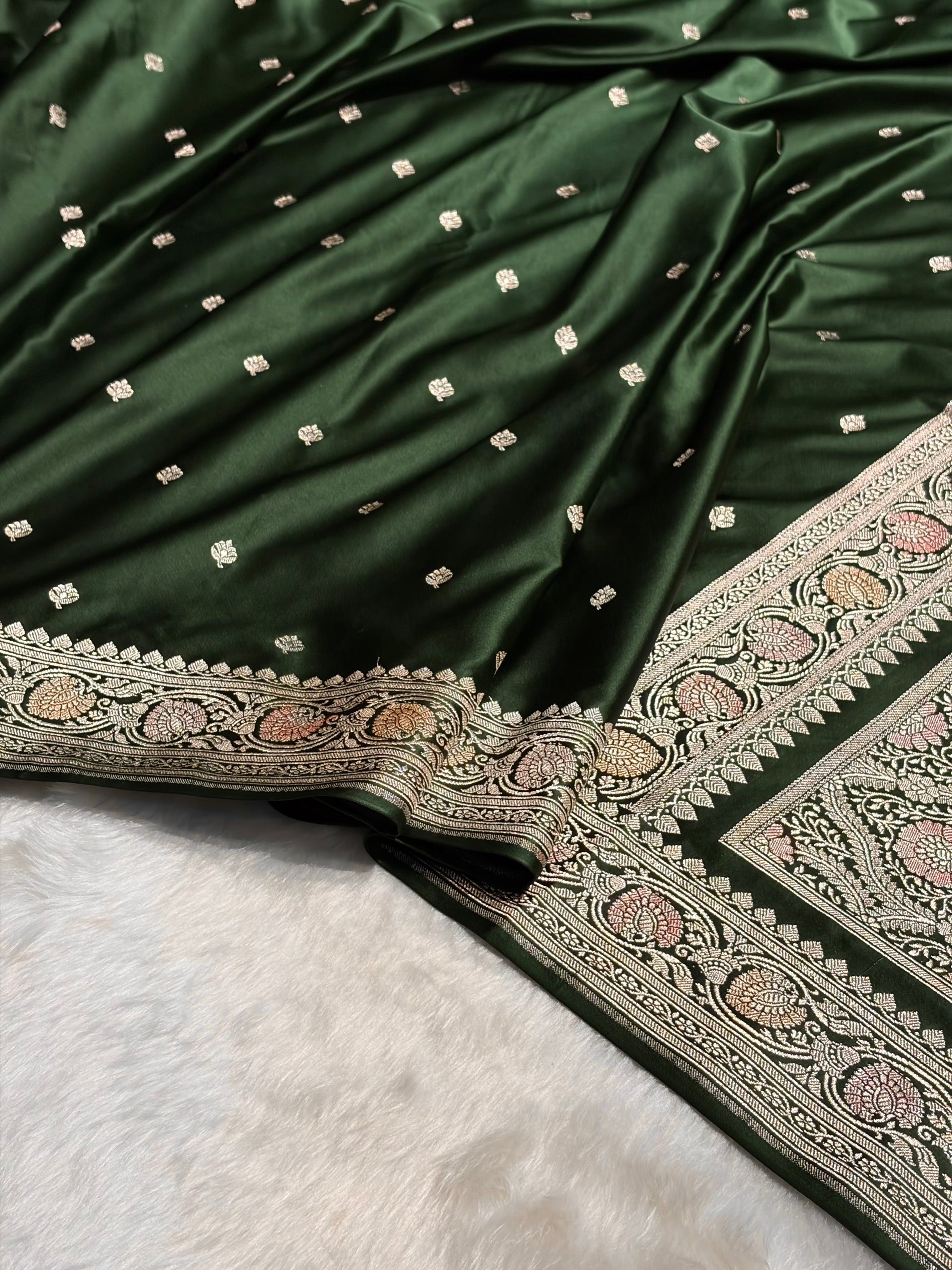 Banarasi Dark Bottle Green Minakari Booti Mashru Silk Saree MS10