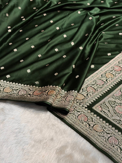 Banarasi Dark Bottle Green Minakari Booti Mashru Silk Saree MCS10