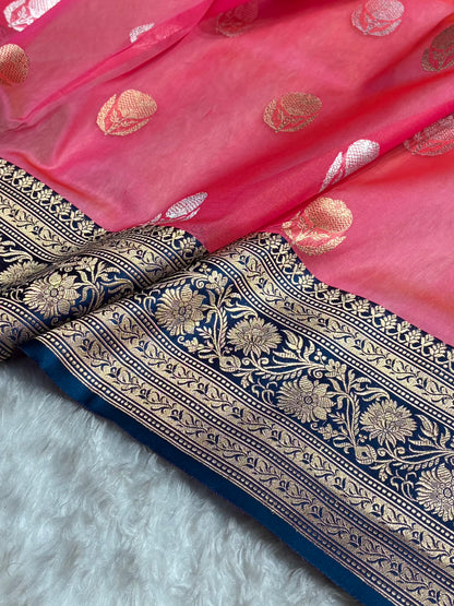 Contrast Pure Banarasi Organza Baby Pink With German Blue Floral Banarasi Silk Saree PO-14