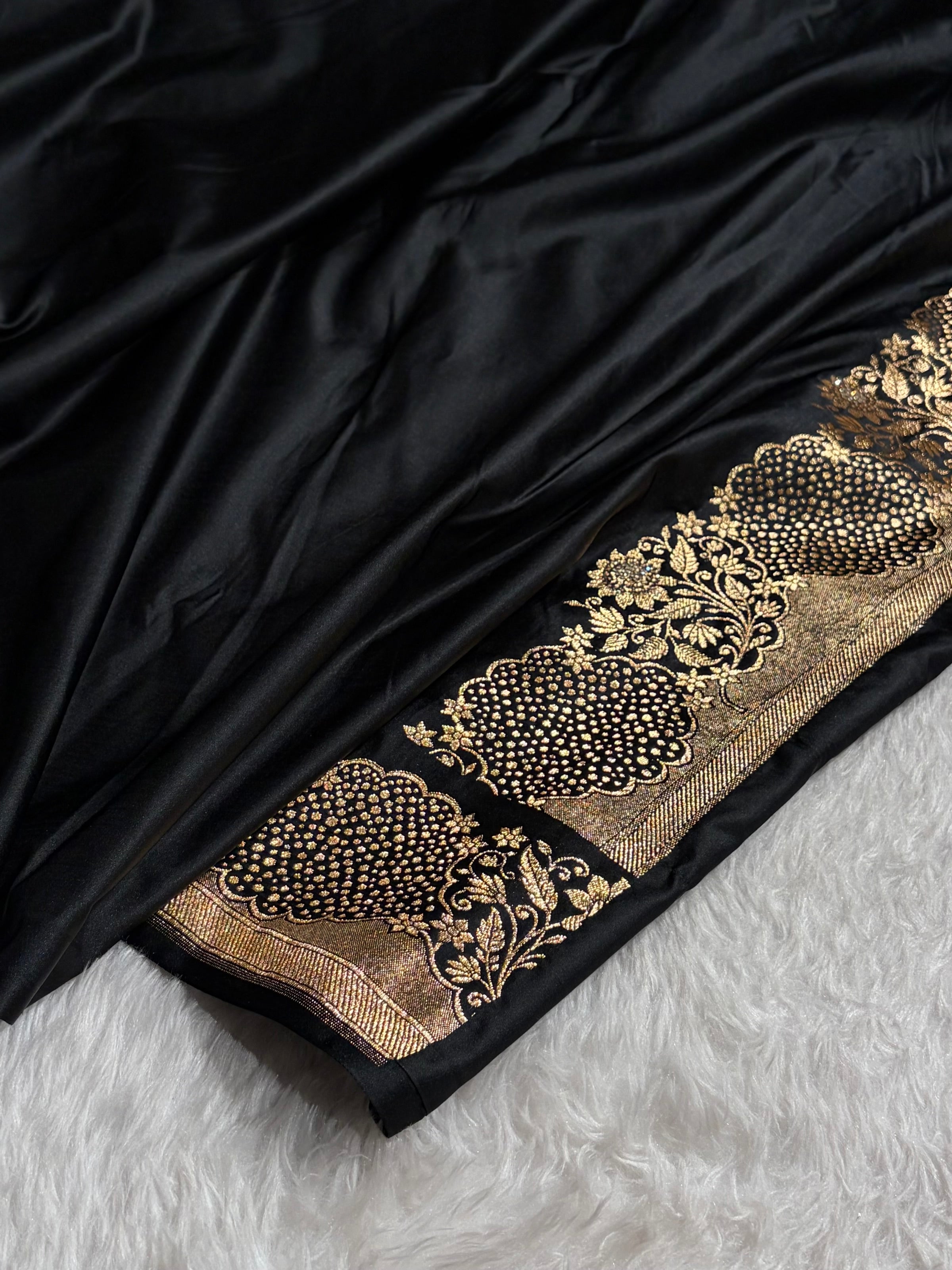 Black Unique Swarovski Stone Work Boota Pattern Satin Katan Silk Saree BSK70