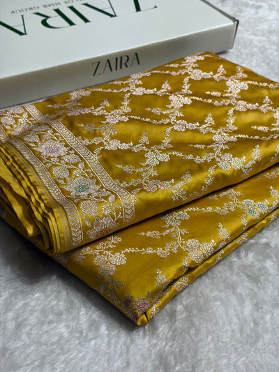 Banarasi Mustard Jaal With Minakari Pattern Mashru Silk Saree MCS56